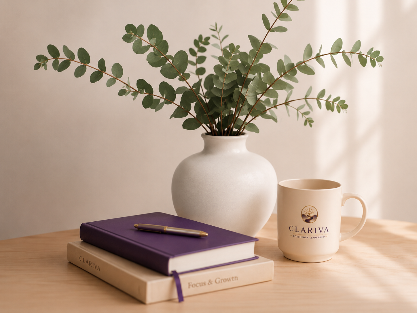Arbeitsmaterialien von CLARIVA Coaching & Leadership mit Notizbuch, Tasse und Vase